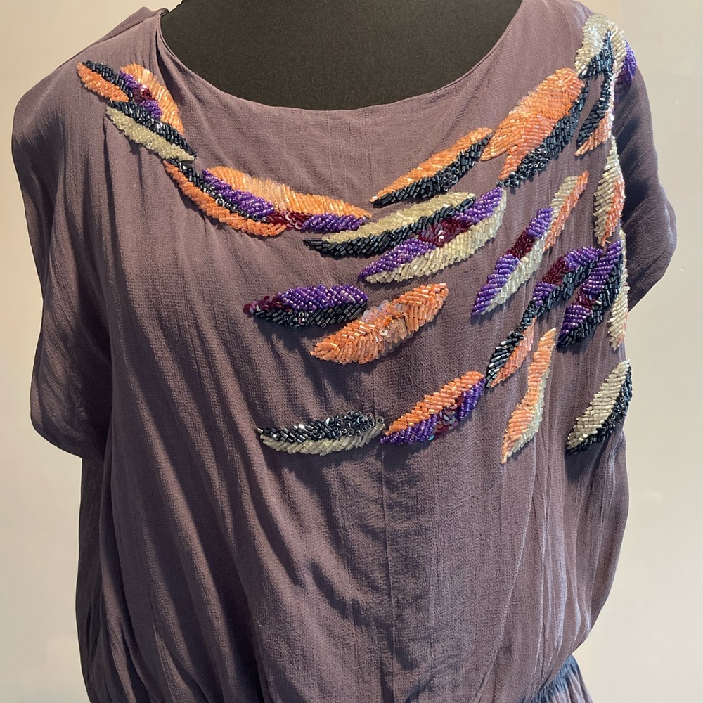 LC Lauren Conrad Plum Beaded Feather-Accent Blouse